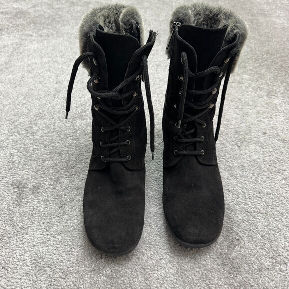 Aquatalia Suede Faux Fur Wedge Winte Boots Womens 8 Black Lace Up Side Zip Italy - Picture 2 of 16